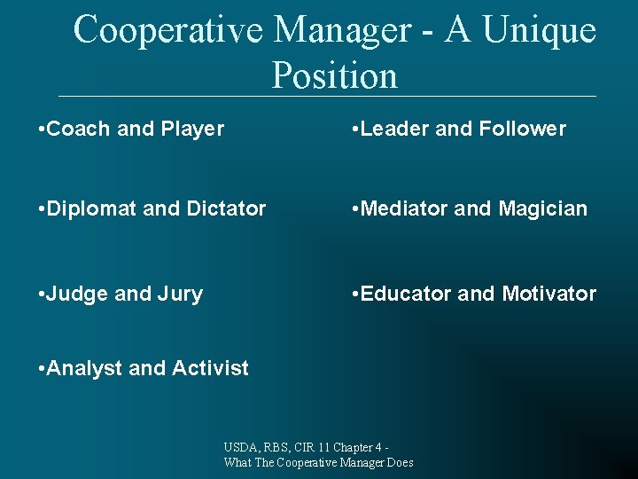 Cooperative Manager - A Unique Position • Coach and Player • Leader and Follower