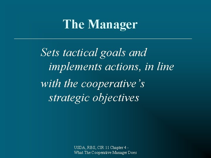 The Manager Sets tactical goals and implements actions, in line with the cooperative’s strategic