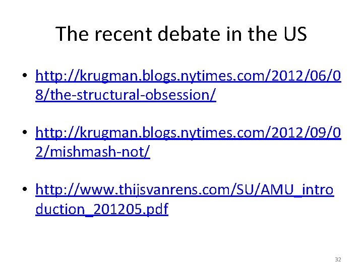 The recent debate in the US • http: //krugman. blogs. nytimes. com/2012/06/0 8/the-structural-obsession/ •