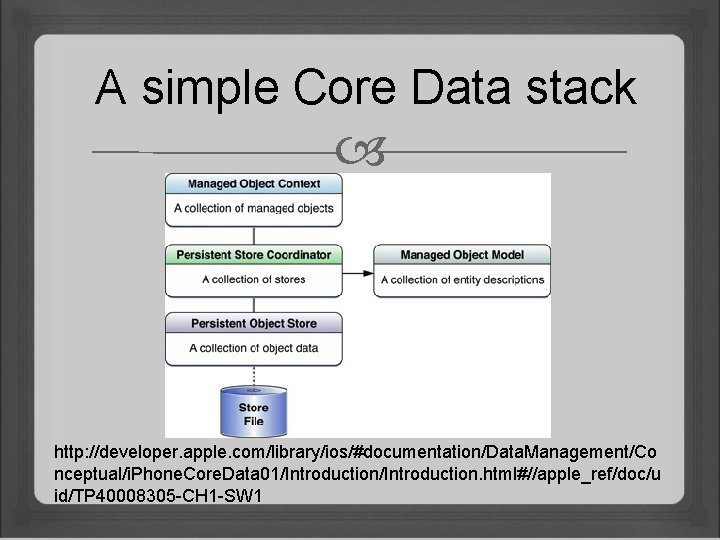  A simple Core Data stack http: //developer. apple. com/library/ios/#documentation/Data. Management/Co nceptual/i. Phone. Core.