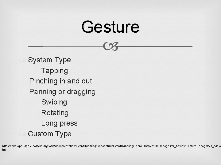 Gesture System Type Tapping Pinching in and out Panning or dragging Swiping Rotating Long