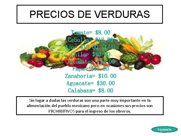 PRECIOS DE VERDURAS Tomate= $8. 00 Cebolla= $12. 00 Ajo= $10. 00 (1/4) Chile=