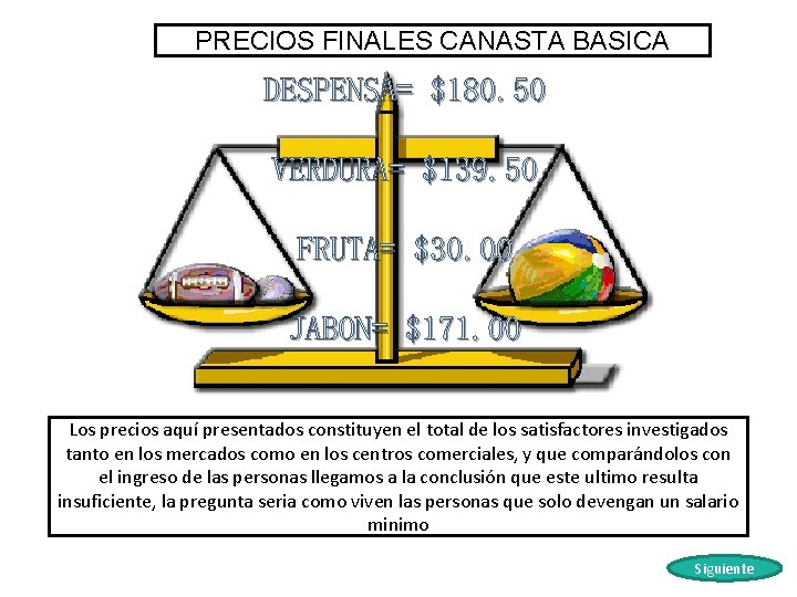 PRECIOS FINALES CANASTA BASICA DESPENSA= $180. 50 VERDURA= $139. 50 FRUTA= $30. 00 JABON=