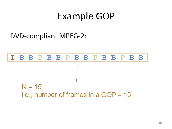 Example GOP DVD-compliant MPEG-2: I B B P B B N = 15 i.