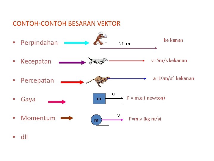 CONTOH-CONTOH BESARAN VEKTOR • Perpindahan • Kecepatan v=5 m/s kekanan a=10 m/s 2 kekanan