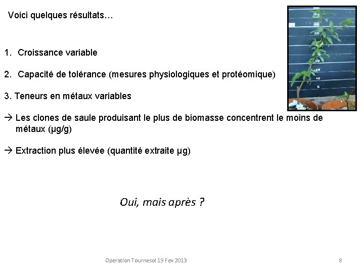 Voici quelques résultats… 1. Croissance variable 2. Capacité de tolérance (mesures physiologiques et protéomique)