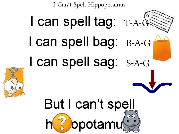 I Can’t Spell Hippopotamus I can spell tag: T-A-G I can spell bag: B-A-G