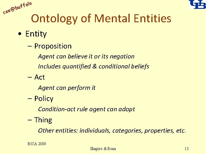 alo uff b @ cse Ontology of Mental Entities • Entity – Proposition Agent