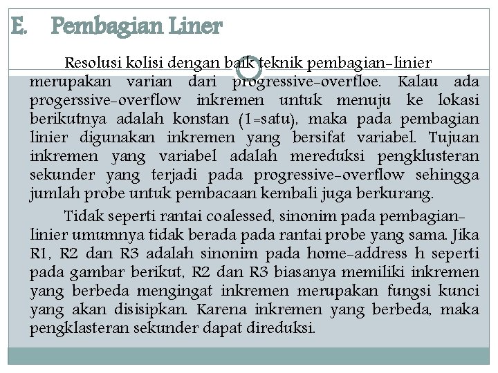 E. Pembagian Liner Resolusi kolisi dengan baik teknik pembagian-linier merupakan varian dari progressive-overfloe. Kalau