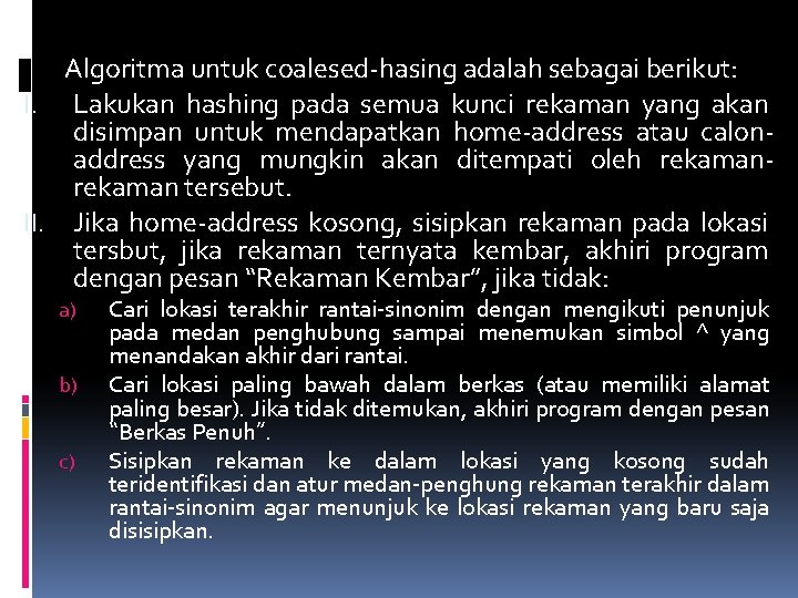 Algoritma untuk coalesed-hasing adalah sebagai berikut: I. Lakukan hashing pada semua kunci rekaman yang