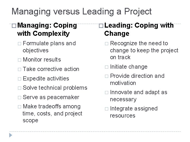 Managing versus Leading a Project � Managing: Coping with Complexity � Formulate plans and