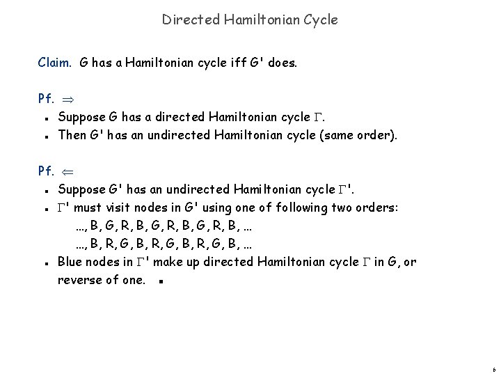 Directed Hamiltonian Cycle Claim. G has a Hamiltonian cycle iff G' does. Pf. Suppose