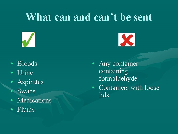 What can and can’t be sent • • • Bloods Urine Aspirates Swabs Medications What can and can’t be sent • • • Bloods Urine Aspirates Swabs Medications