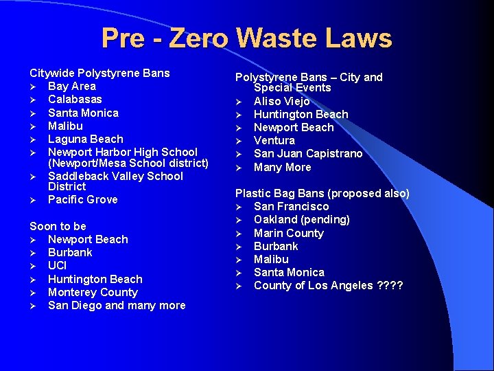 Pre - Zero Waste Laws Citywide Polystyrene Bans Ø Bay Area Ø Calabasas Ø