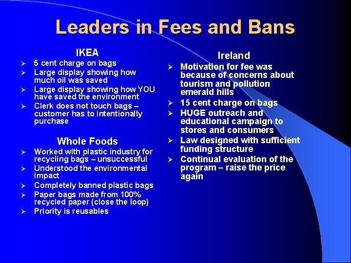Leaders in Fees and Bans IKEA Ø Ø 5 cent charge on bags Large