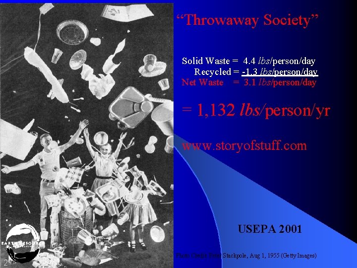 “Throwaway Society” Solid Waste = 4. 4 lbs/person/day Recycled = -1. 3 lbs/person/day Net