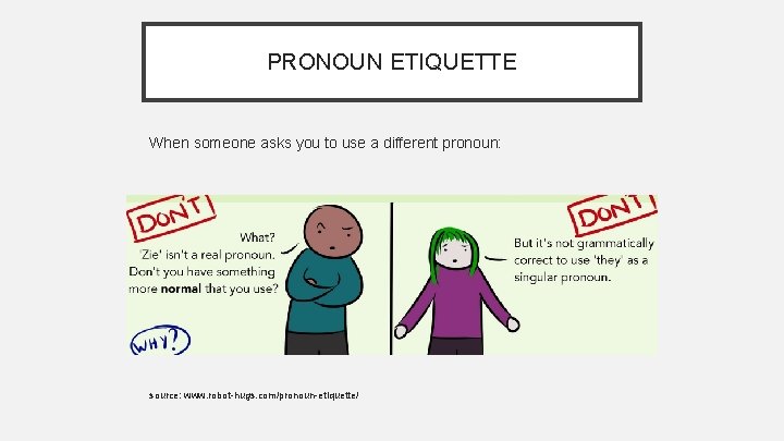 PRONOUN ETIQUETTE When someone asks you to use a different pronoun: source: www. robot-hugs.