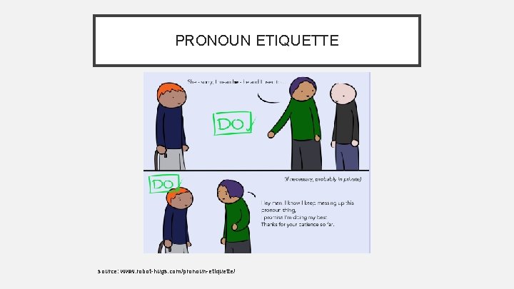 PRONOUN ETIQUETTE source: www. robot-hugs. com/pronoun-etiquette/ 