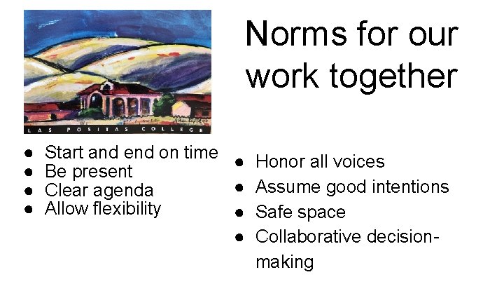 Norms for our work together ● ● Start and end on time ● Honor