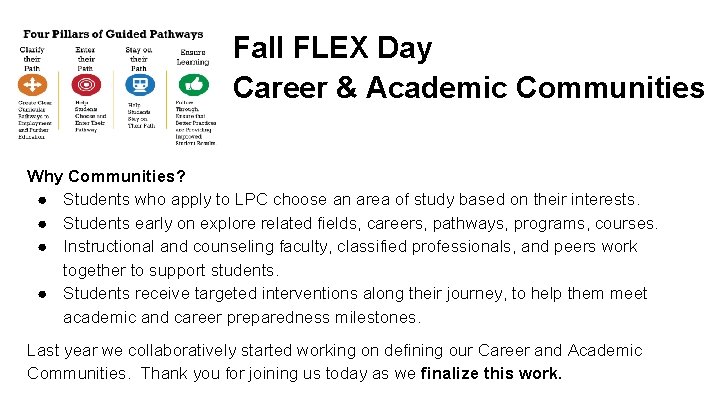 Fall FLEX Day Career & Academic Communities Why Communities? ● Students who apply to