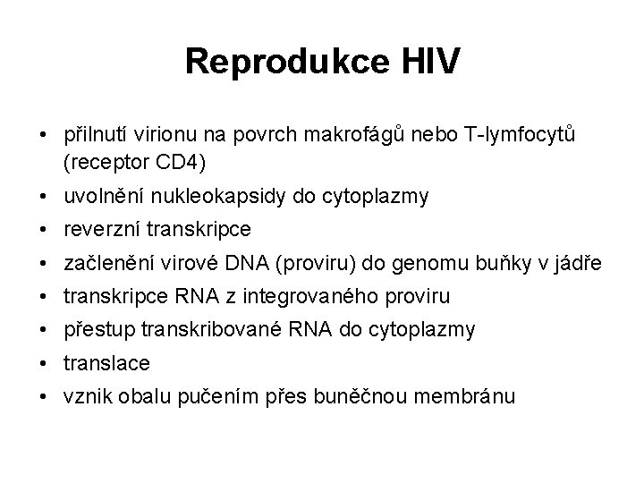 Reprodukce HIV • přilnutí virionu na povrch makrofágů nebo T-lymfocytů (receptor CD 4) •