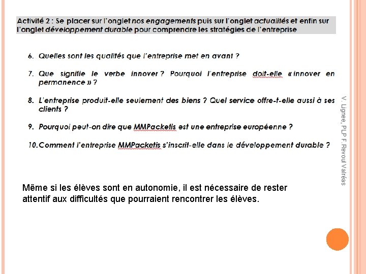 V. Lignee, PLP F. Revoul Valréas Même si les élèves sont en autonomie, il