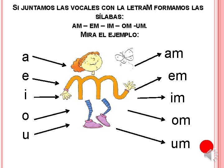 SI JUNTAMOS LAS VOCALES CON LA LETRAM FORMAMOS LAS SÍLABAS: AM – EM –