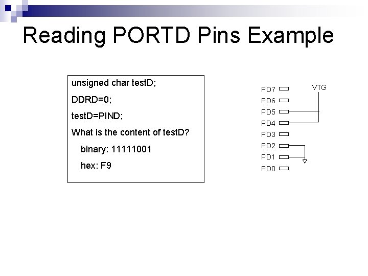 Reading PORTD Pins Example unsigned char test. D; PD 7 DDRD=0; PD 6 test.