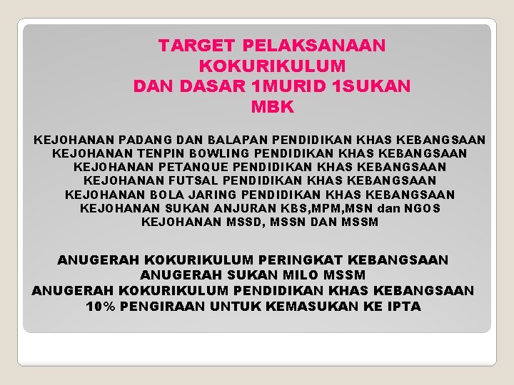 TARGET PELAKSANAAN KOKURIKULUM DAN DASAR 1 MURID 1 SUKAN MBK KEJOHANAN PADANG DAN BALAPAN