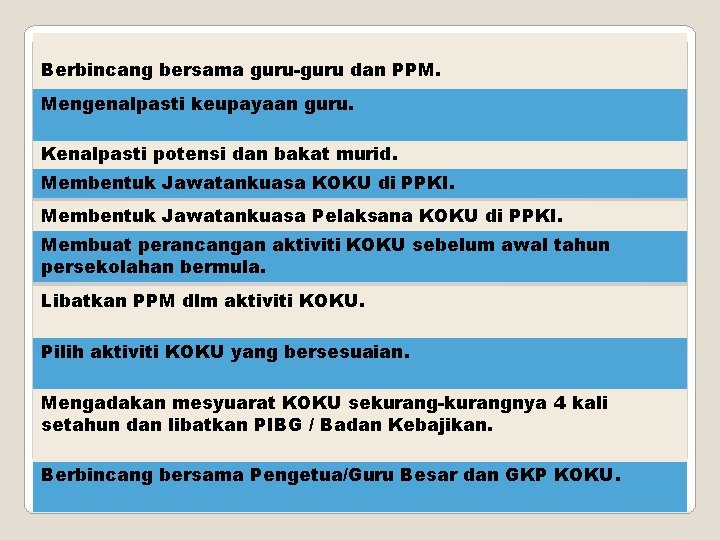 Berbincang bersama guru-guru dan PPM. Mengenalpasti keupayaan guru. Kenalpasti potensi dan bakat murid. Membentuk