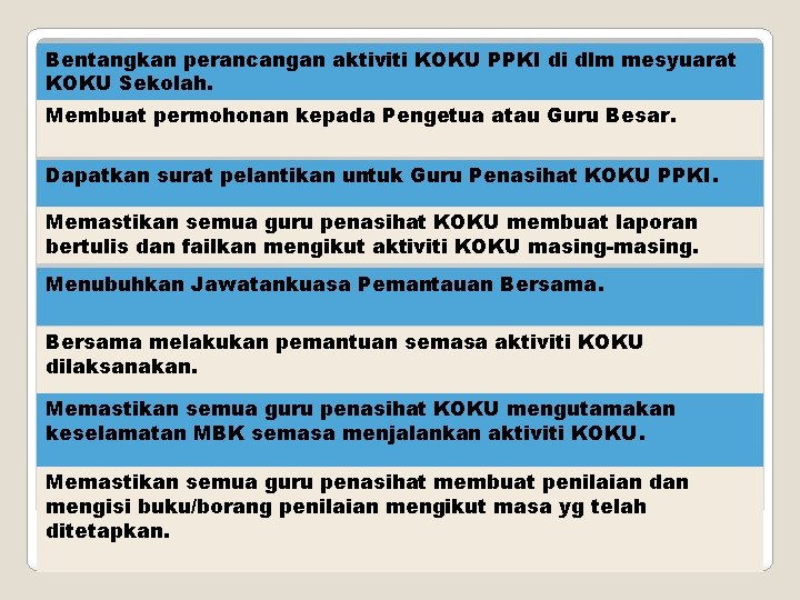 Bentangkan perancangan aktiviti KOKU PPKI di dlm mesyuarat KOKU Sekolah. Membuat permohonan kepada Pengetua