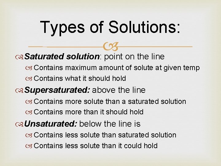 Types of Solutions: Saturated solution: point on the line Contains maximum amount of solute