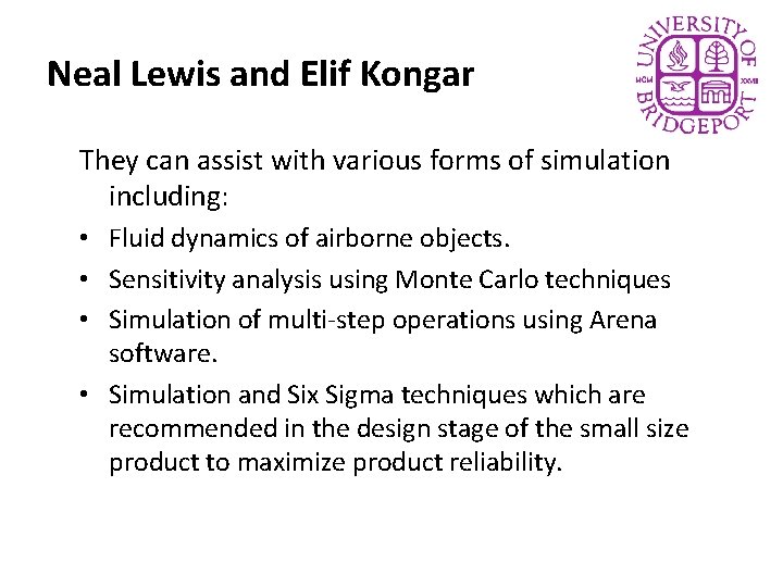 Neal Lewis and Elif Kongar They can assist with various forms of simulation including: