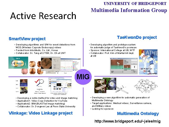 UNIVERSITY OF BRIDGEPORT Multimedia Information Group Active Research Tae. Kwon. Do project Smart. View