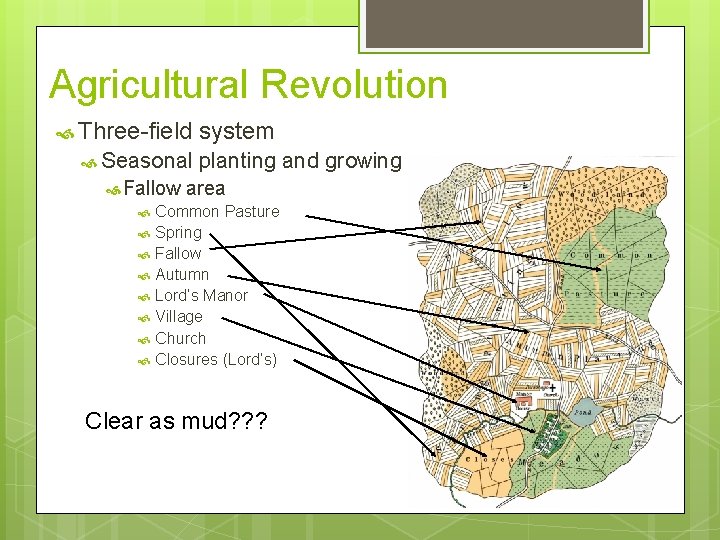 Agricultural Revolution Three-field Seasonal system planting and growing Fallow area Common Pasture Spring Fallow