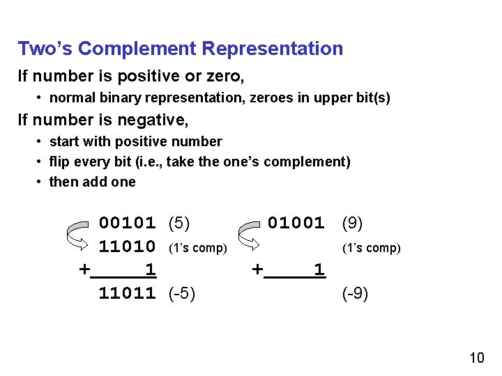 Two’s Complement Representation If number is positive or zero, • normal binary representation, zeroes