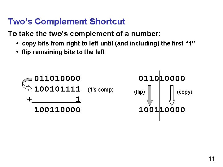 Two’s Complement Shortcut To take the two’s complement of a number: • copy bits
