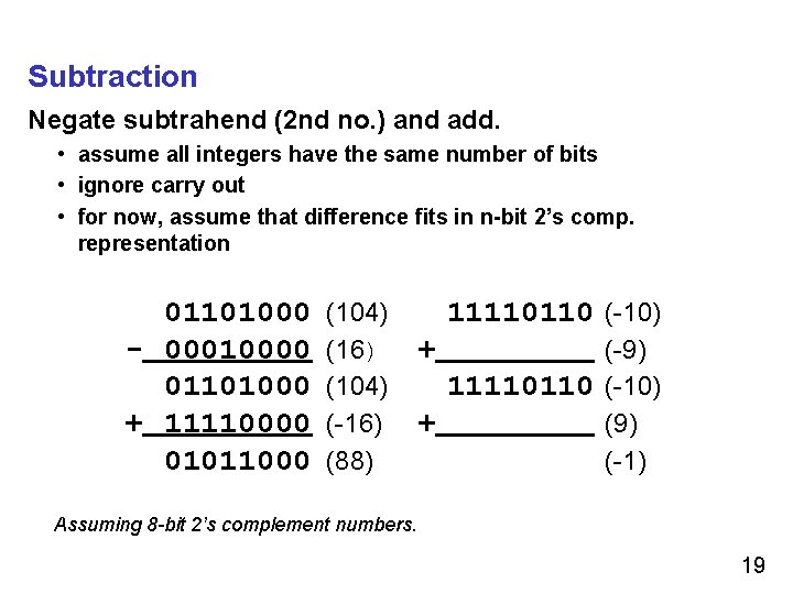 Subtraction Negate subtrahend (2 nd no. ) and add. • assume all integers have
