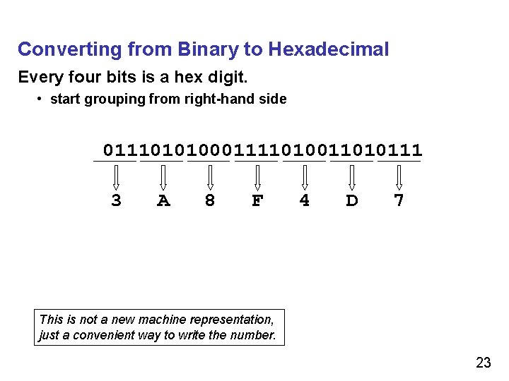 Converting from Binary to Hexadecimal Every four bits is a hex digit. • start