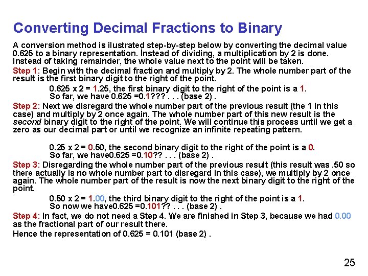 Converting Decimal Fractions to Binary A conversion method is ilustrated step-by-step below by converting