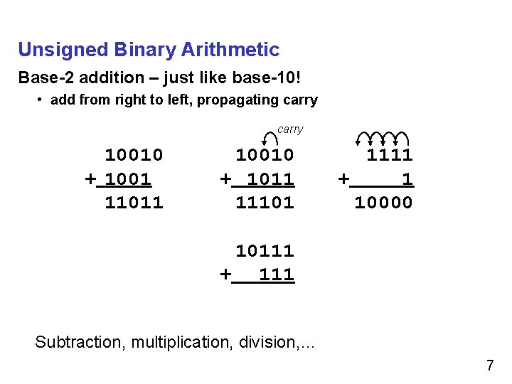 Unsigned Binary Arithmetic Base-2 addition – just like base-10! • add from right to