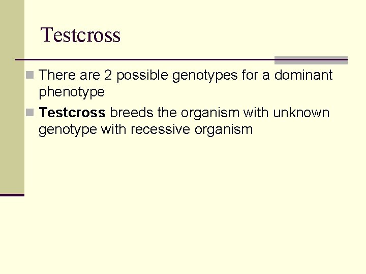 Testcross n There are 2 possible genotypes for a dominant phenotype n Testcross breeds