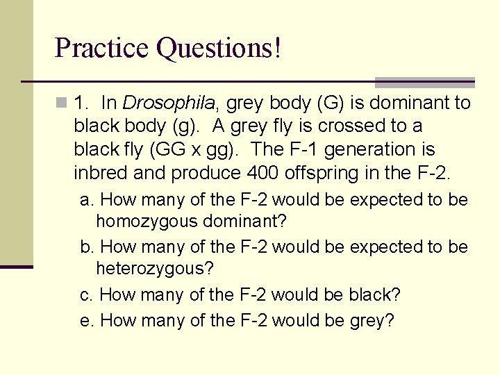 Practice Questions! n 1. In Drosophila, grey body (G) is dominant to black body