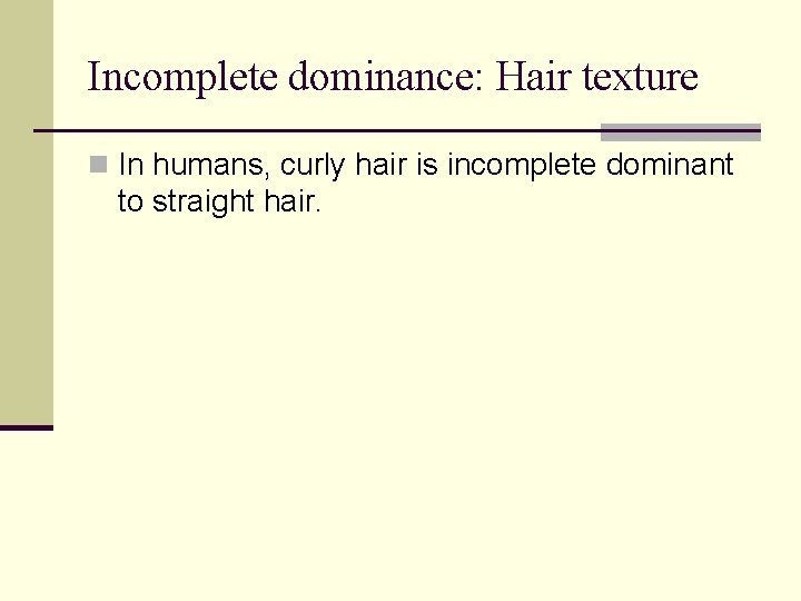 Incomplete dominance: Hair texture n In humans, curly hair is incomplete dominant to straight