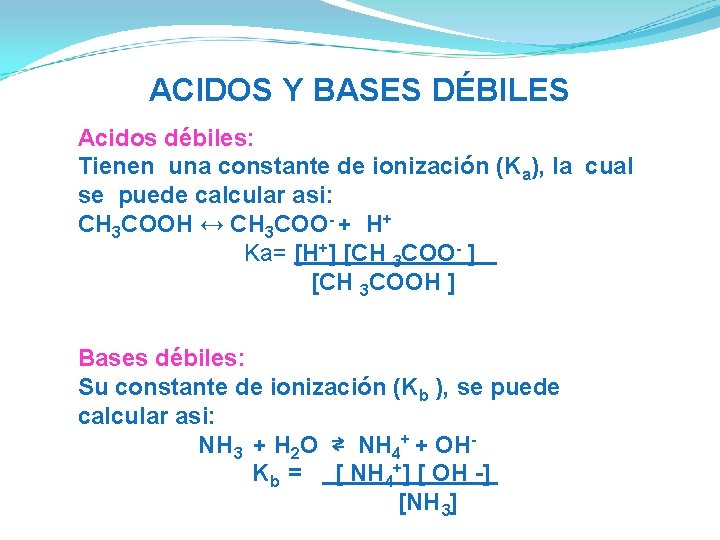 ACIDOS Y BASES DÉBILES Acidos débiles: Tienen una constante de ionización (Ka), la cual