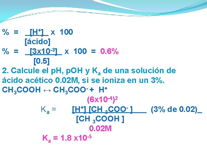 % = [H+] x 100 [ácido] % = [3 x 10 -3] x 100