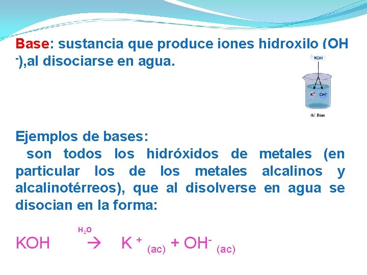 Base: sustancia que produce iones hidroxilo (OH -), al disociarse en agua. Ejemplos de