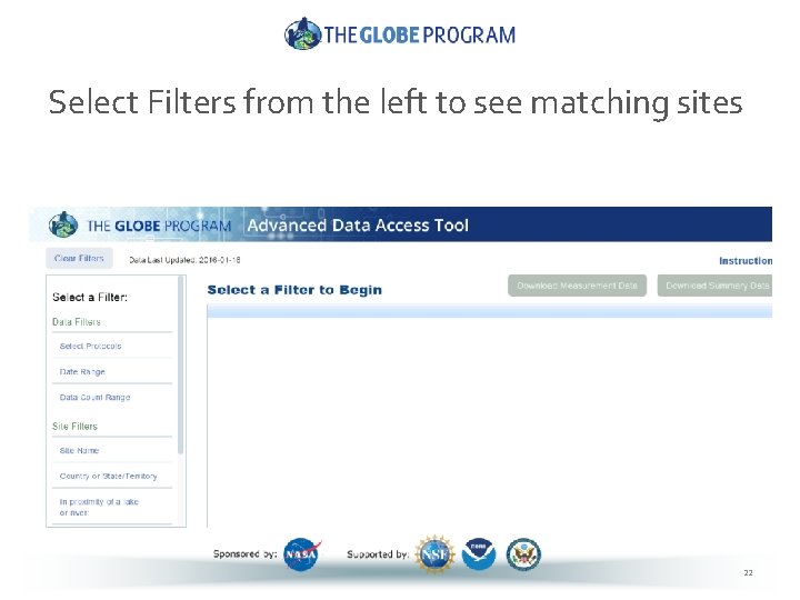 Select Filters from the left to see matching sites 22 