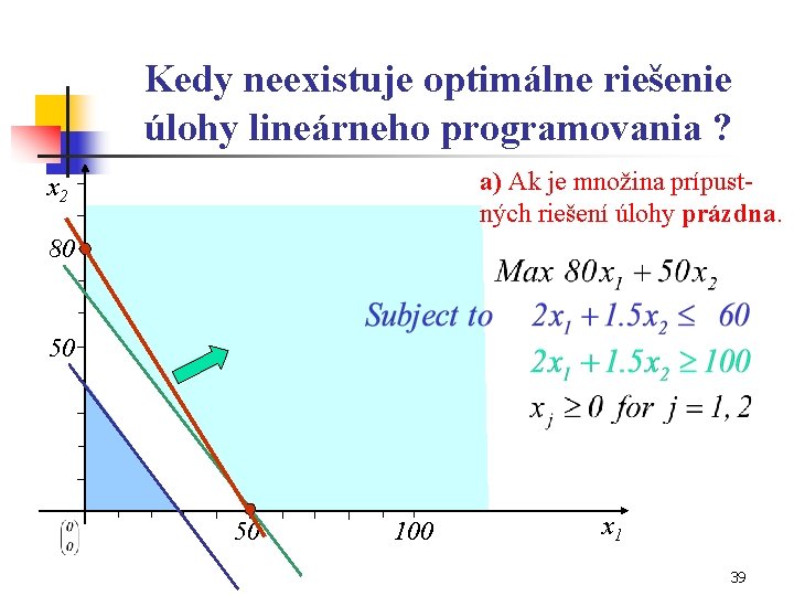 Kedy neexistuje optimálne riešenie úlohy lineárneho programovania ? a) Ak je množina prípustných riešení