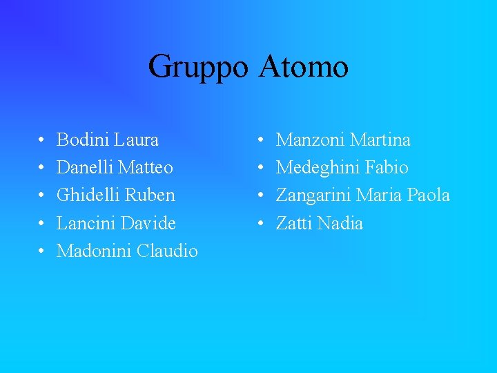 Gruppo Atomo • • • Bodini Laura Danelli Matteo Ghidelli Ruben Lancini Davide Madonini